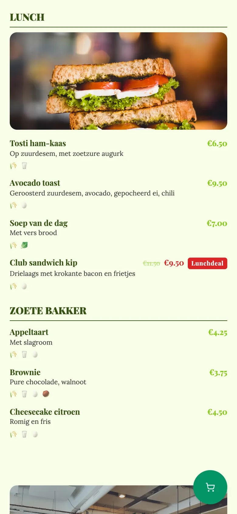 Lunchkaart van Café Demo in het sjabloon Lunchroom Krant, met onder elk gerecht een symbool per allergeen, zoals gluten en melk bij de tosti en noten bij de brownie