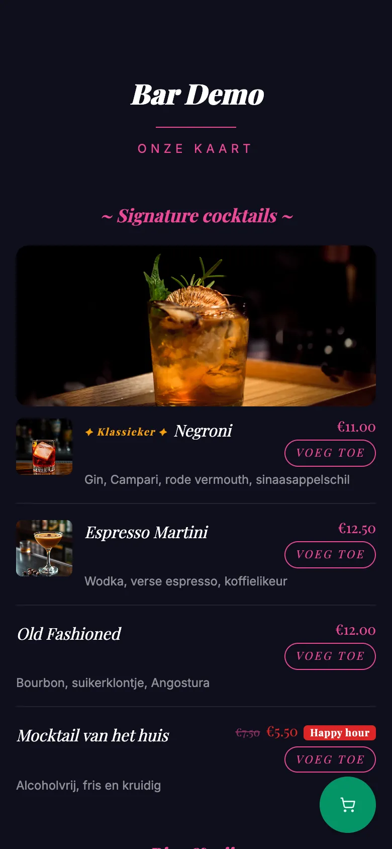 Voorbeeldkaart in het sjabloon Cocktail Donker, met lichte tekst op een donkere achtergrond