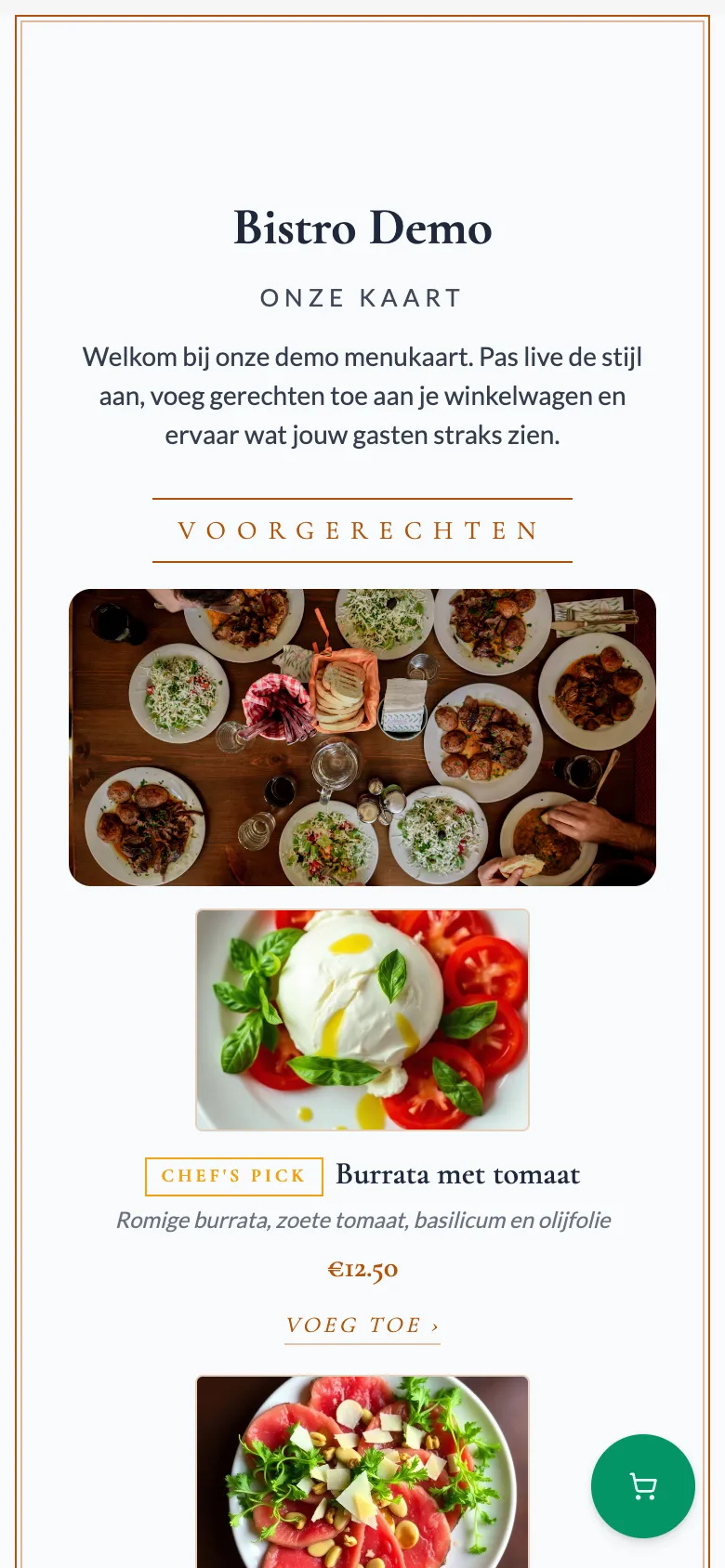 Voorbeeldkaart Bistro Demo in het sjabloon Hotel Goudkader, met een gouden kader rond de kaart