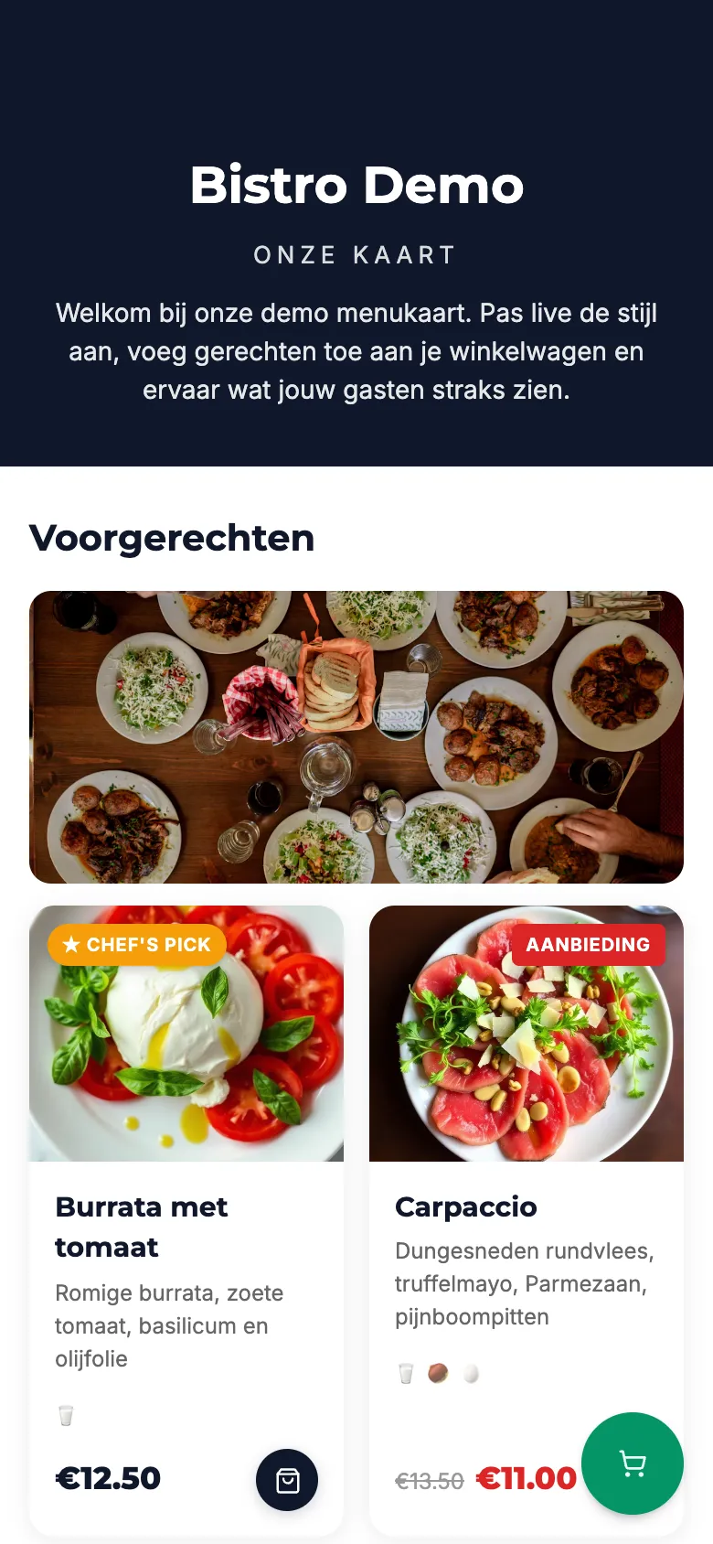 Voorbeeldkaart Bistro Demo in het Nederlands, in het sjabloon Modern Cards met foto's en een actieprijs